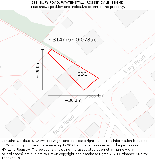 231, BURY ROAD, RAWTENSTALL, ROSSENDALE, BB4 6DJ: Plot and title map