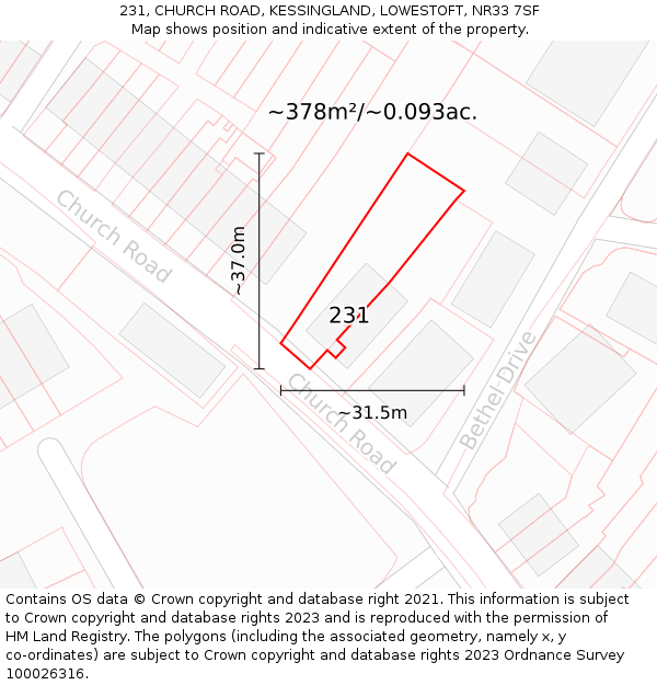 231, CHURCH ROAD, KESSINGLAND, LOWESTOFT, NR33 7SF: Plot and title map