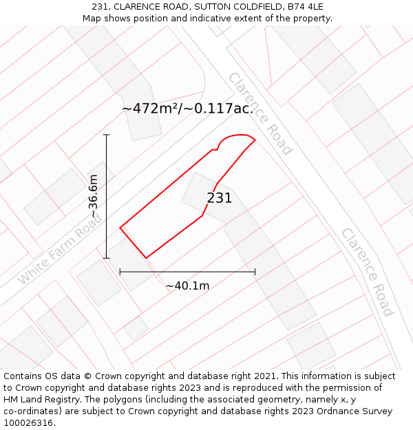 231, CLARENCE ROAD, SUTTON COLDFIELD, B74 4LE: Plot and title map