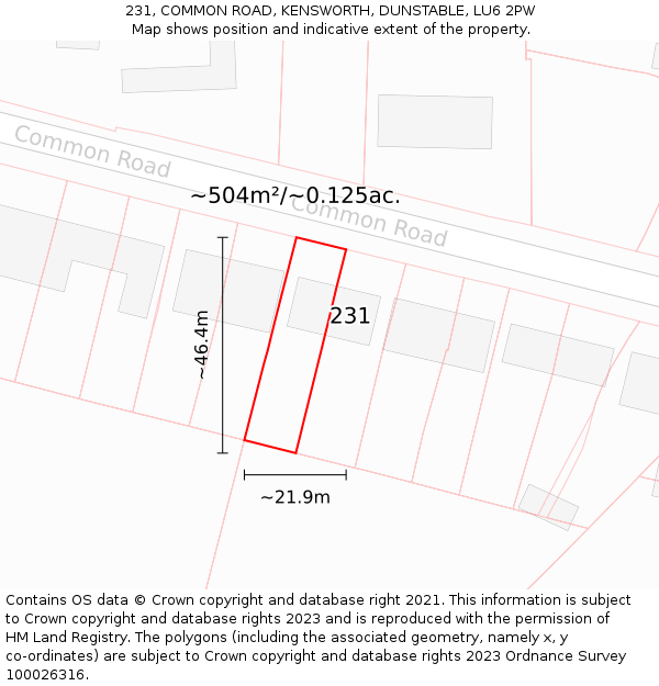 231, COMMON ROAD, KENSWORTH, DUNSTABLE, LU6 2PW: Plot and title map