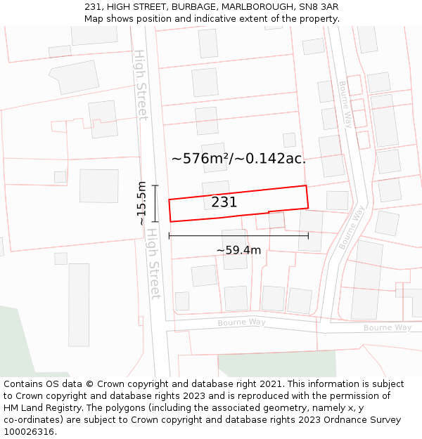 231, HIGH STREET, BURBAGE, MARLBOROUGH, SN8 3AR: Plot and title map