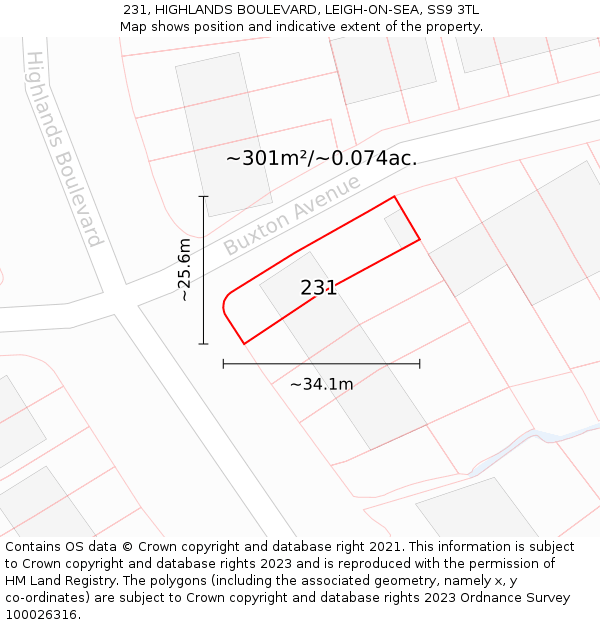 231, HIGHLANDS BOULEVARD, LEIGH-ON-SEA, SS9 3TL: Plot and title map