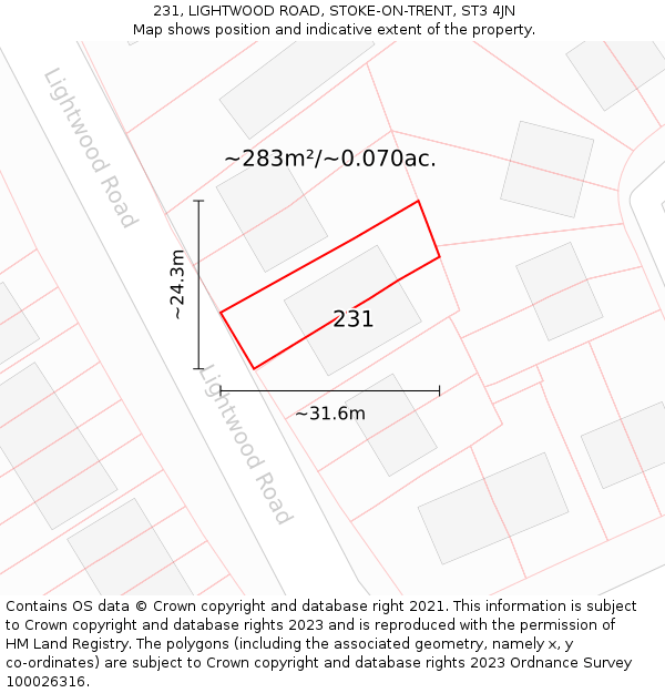 231, LIGHTWOOD ROAD, STOKE-ON-TRENT, ST3 4JN: Plot and title map