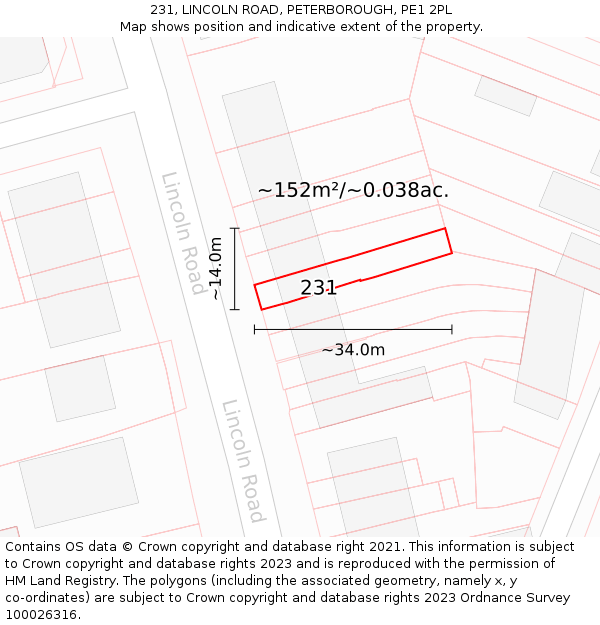 231, LINCOLN ROAD, PETERBOROUGH, PE1 2PL: Plot and title map