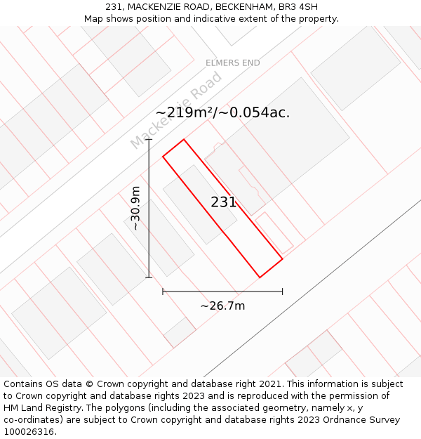 231, MACKENZIE ROAD, BECKENHAM, BR3 4SH: Plot and title map