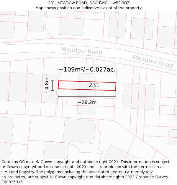 231, MEADOW ROAD, DROITWICH, WR9 9BZ: Plot and title map