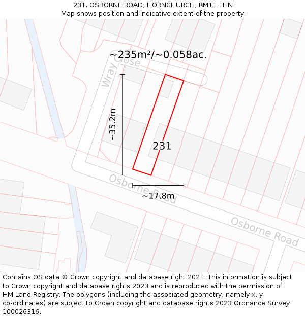 231, OSBORNE ROAD, HORNCHURCH, RM11 1HN: Plot and title map