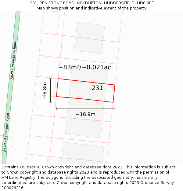 231, PENISTONE ROAD, KIRKBURTON, HUDDERSFIELD, HD8 0PE: Plot and title map