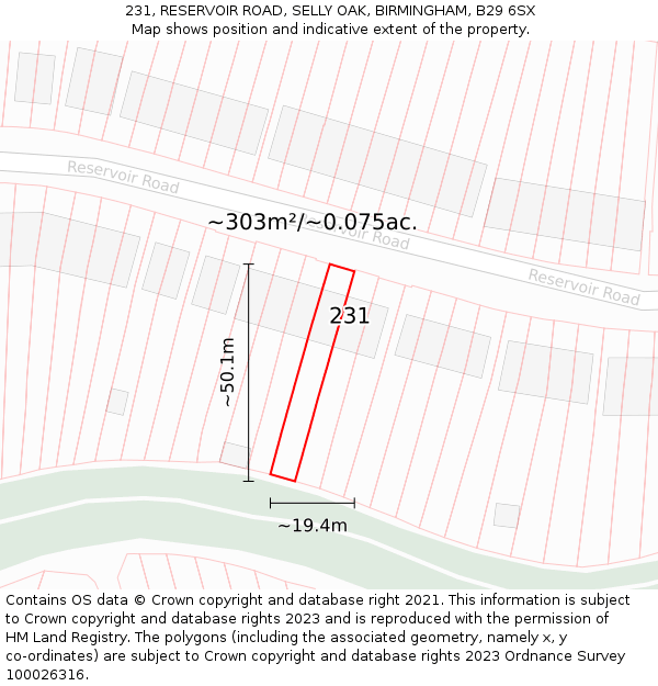 231, RESERVOIR ROAD, SELLY OAK, BIRMINGHAM, B29 6SX: Plot and title map