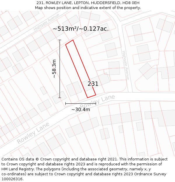 231, ROWLEY LANE, LEPTON, HUDDERSFIELD, HD8 0EH: Plot and title map