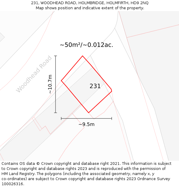 231, WOODHEAD ROAD, HOLMBRIDGE, HOLMFIRTH, HD9 2NQ: Plot and title map