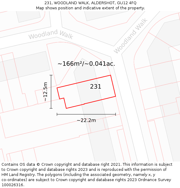 231, WOODLAND WALK, ALDERSHOT, GU12 4FQ: Plot and title map