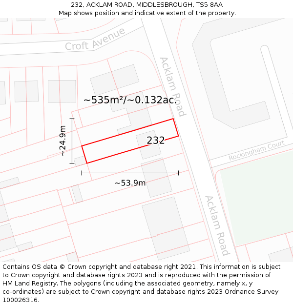 232, ACKLAM ROAD, MIDDLESBROUGH, TS5 8AA: Plot and title map