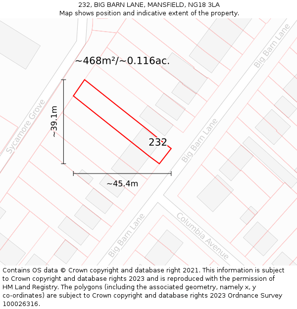 232, BIG BARN LANE, MANSFIELD, NG18 3LA: Plot and title map