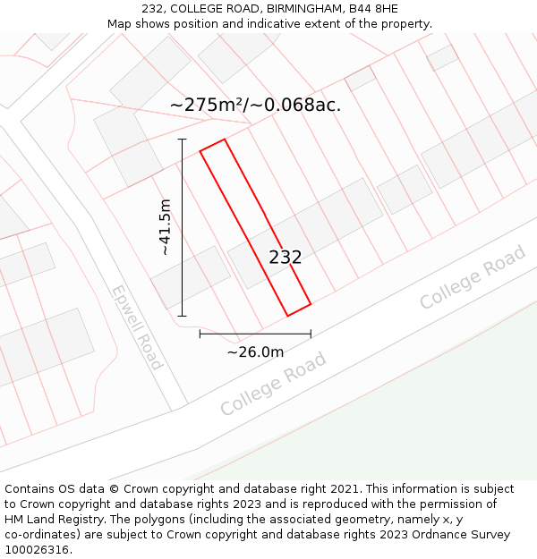 232, COLLEGE ROAD, BIRMINGHAM, B44 8HE: Plot and title map