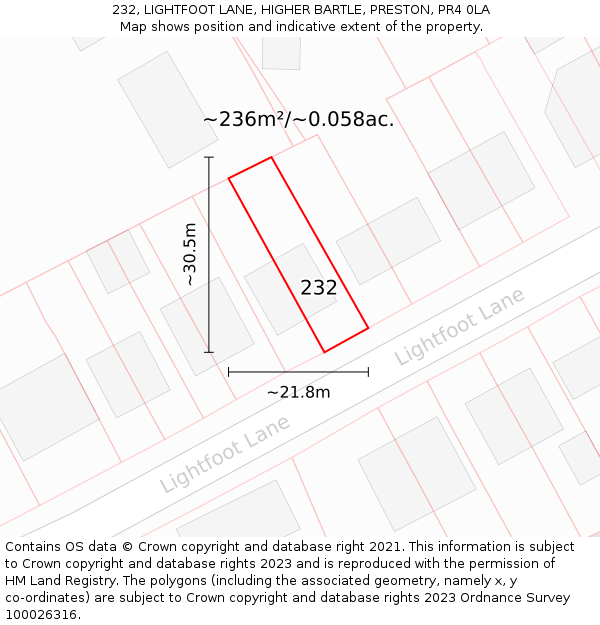 232, LIGHTFOOT LANE, HIGHER BARTLE, PRESTON, PR4 0LA: Plot and title map