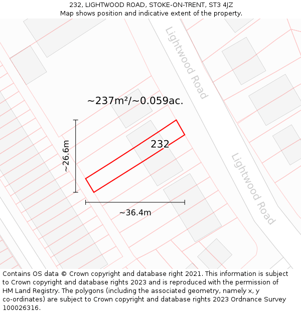 232, LIGHTWOOD ROAD, STOKE-ON-TRENT, ST3 4JZ: Plot and title map