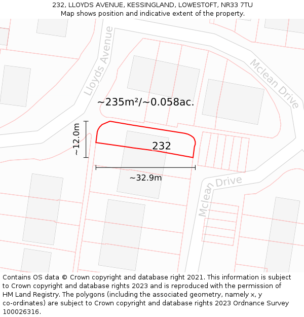 232, LLOYDS AVENUE, KESSINGLAND, LOWESTOFT, NR33 7TU: Plot and title map