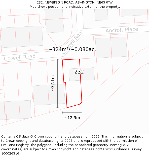 232, NEWBIGGIN ROAD, ASHINGTON, NE63 0TW: Plot and title map
