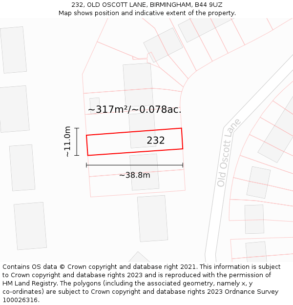 232, OLD OSCOTT LANE, BIRMINGHAM, B44 9UZ: Plot and title map