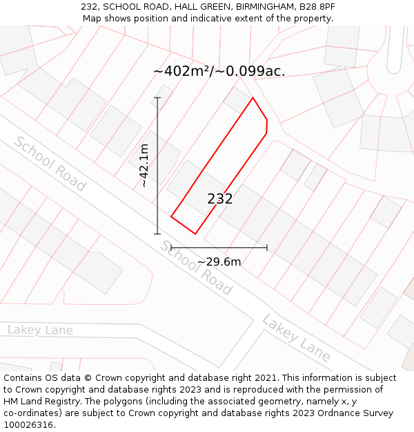 232, SCHOOL ROAD, HALL GREEN, BIRMINGHAM, B28 8PF: Plot and title map