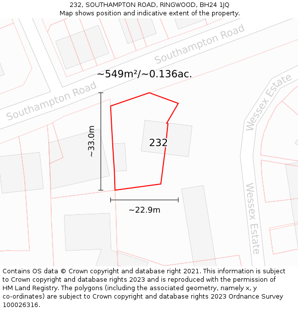 232, SOUTHAMPTON ROAD, RINGWOOD, BH24 1JQ: Plot and title map