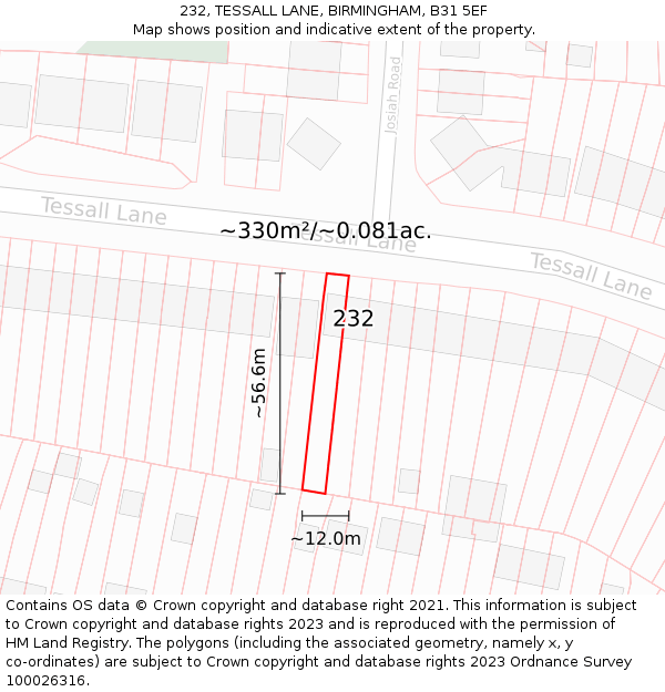 232, TESSALL LANE, BIRMINGHAM, B31 5EF: Plot and title map