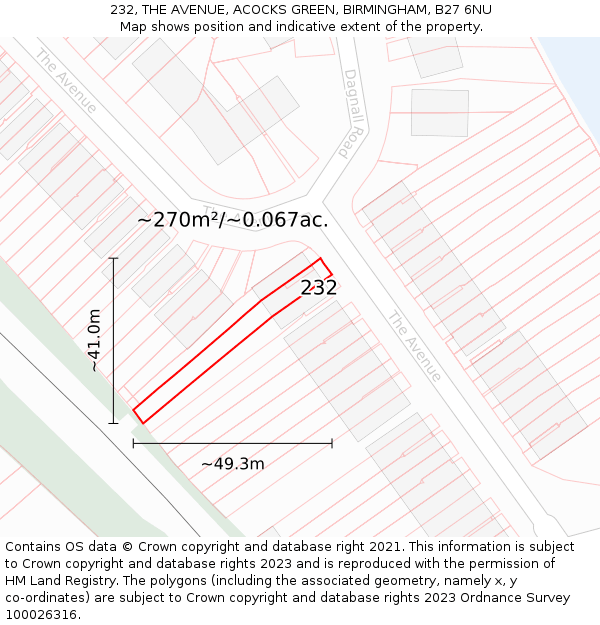 232, THE AVENUE, ACOCKS GREEN, BIRMINGHAM, B27 6NU: Plot and title map