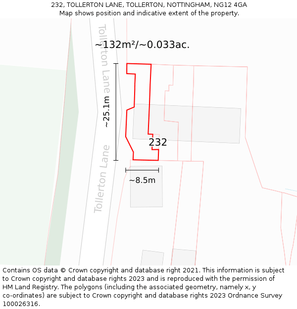 232, TOLLERTON LANE, TOLLERTON, NOTTINGHAM, NG12 4GA: Plot and title map