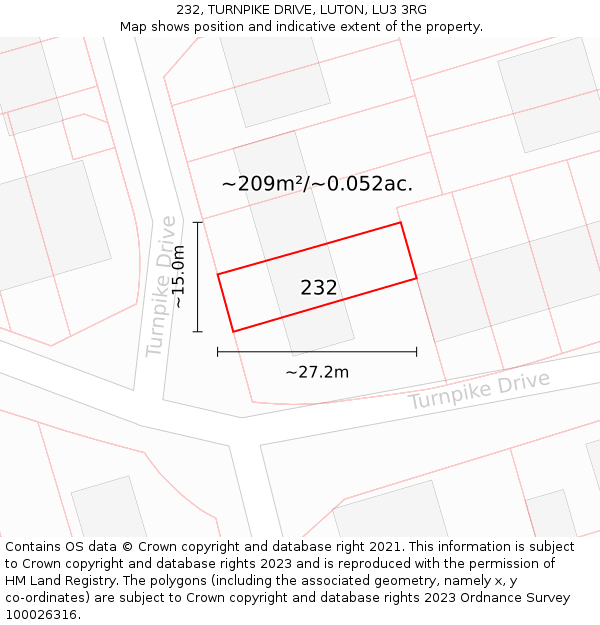 232, TURNPIKE DRIVE, LUTON, LU3 3RG: Plot and title map