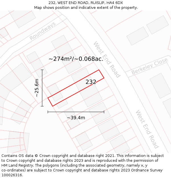 232, WEST END ROAD, RUISLIP, HA4 6DX: Plot and title map