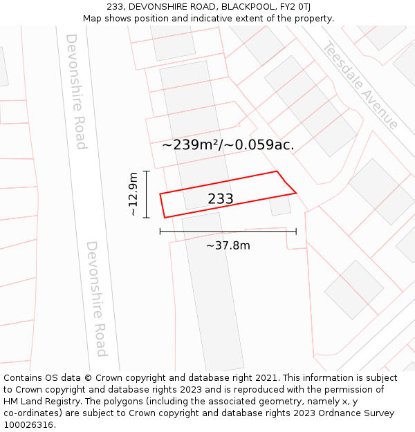 233, DEVONSHIRE ROAD, BLACKPOOL, FY2 0TJ: Plot and title map