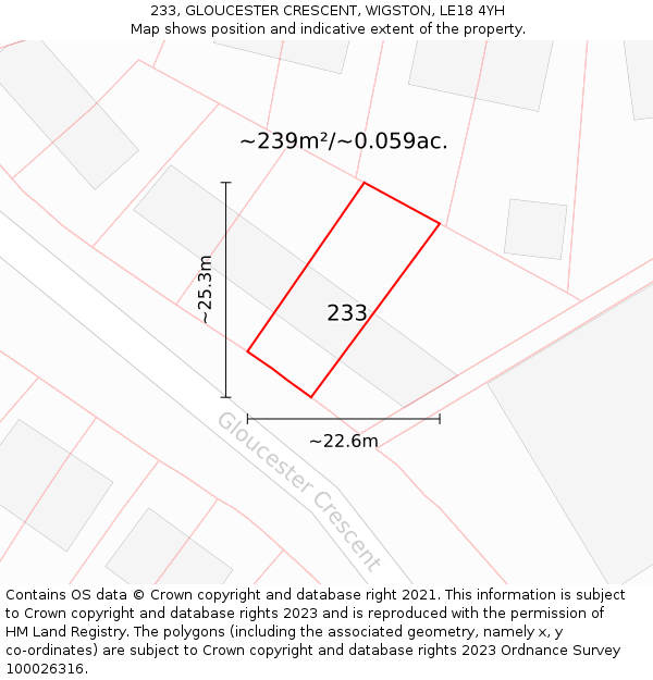 233, GLOUCESTER CRESCENT, WIGSTON, LE18 4YH: Plot and title map