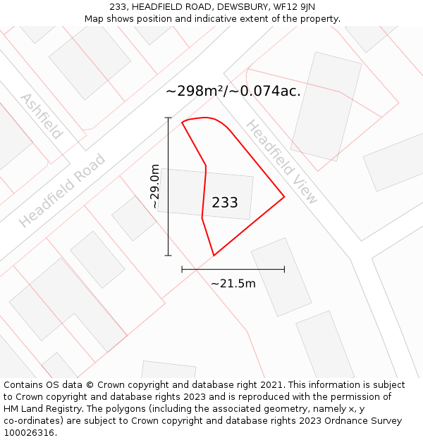 233, HEADFIELD ROAD, DEWSBURY, WF12 9JN: Plot and title map