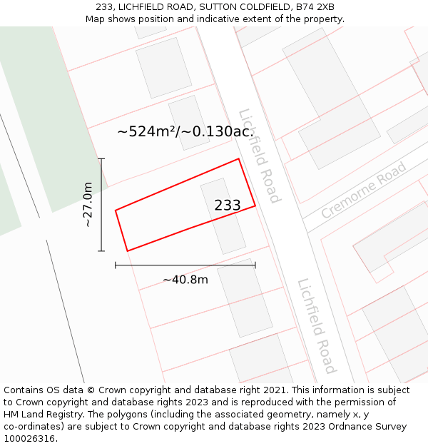 233, LICHFIELD ROAD, SUTTON COLDFIELD, B74 2XB: Plot and title map