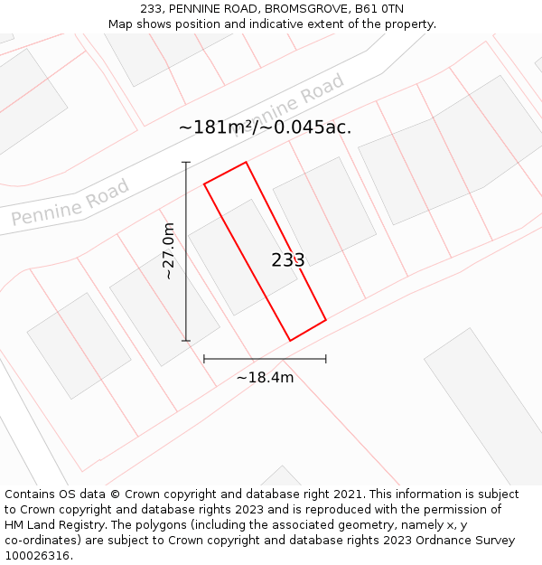 233, PENNINE ROAD, BROMSGROVE, B61 0TN: Plot and title map