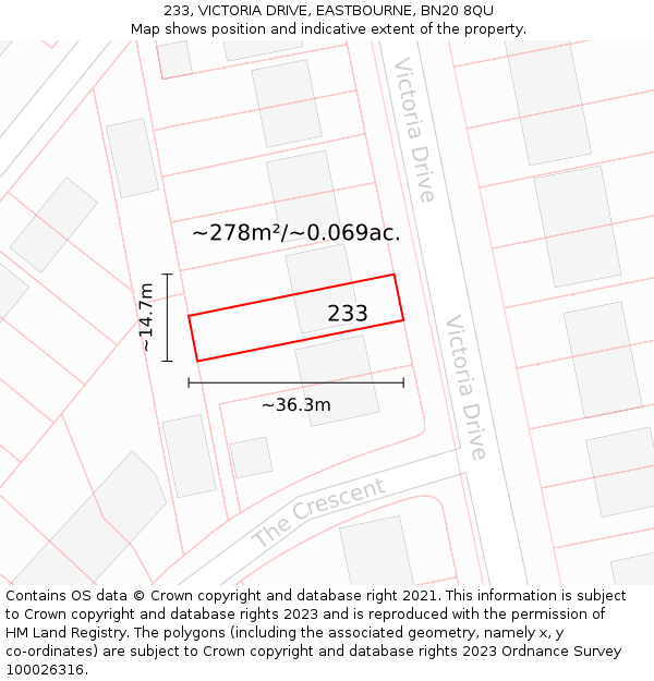 233, VICTORIA DRIVE, EASTBOURNE, BN20 8QU: Plot and title map