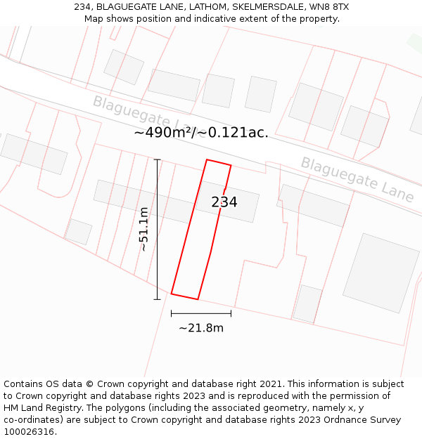 234, BLAGUEGATE LANE, LATHOM, SKELMERSDALE, WN8 8TX: Plot and title map