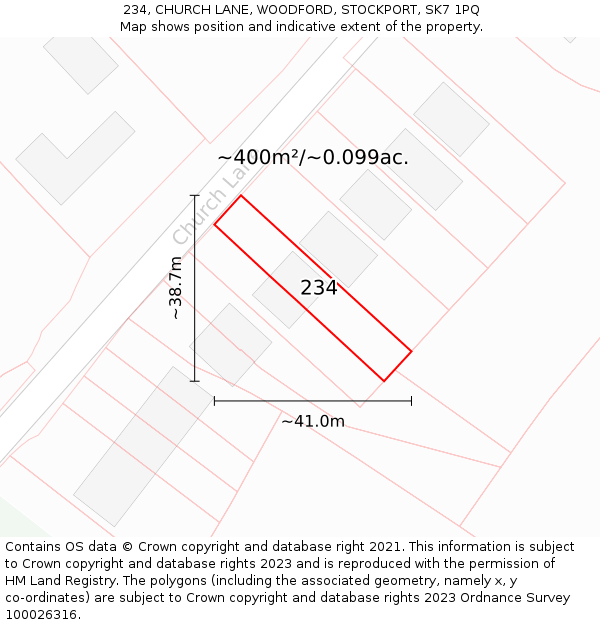 234, CHURCH LANE, WOODFORD, STOCKPORT, SK7 1PQ: Plot and title map