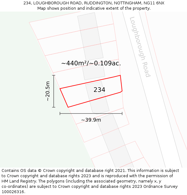 234, LOUGHBOROUGH ROAD, RUDDINGTON, NOTTINGHAM, NG11 6NX: Plot and title map