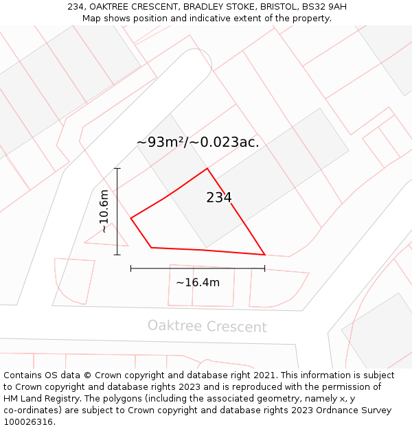 234, OAKTREE CRESCENT, BRADLEY STOKE, BRISTOL, BS32 9AH: Plot and title map