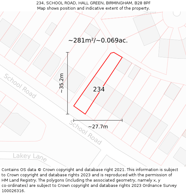 234, SCHOOL ROAD, HALL GREEN, BIRMINGHAM, B28 8PF: Plot and title map