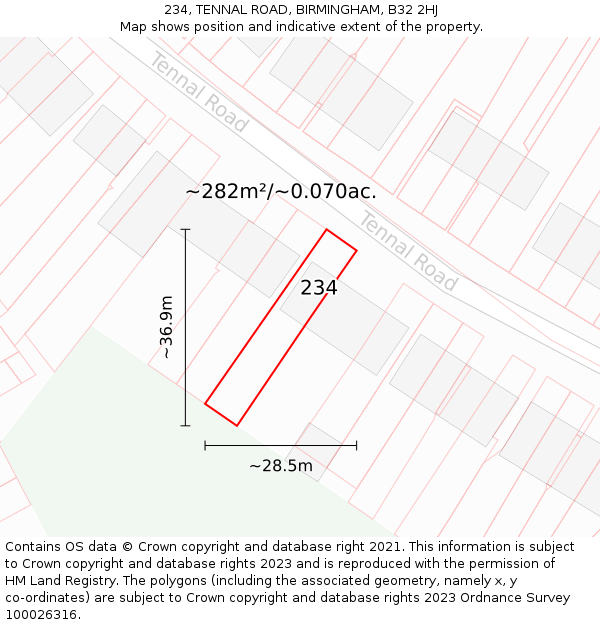 234, TENNAL ROAD, BIRMINGHAM, B32 2HJ: Plot and title map