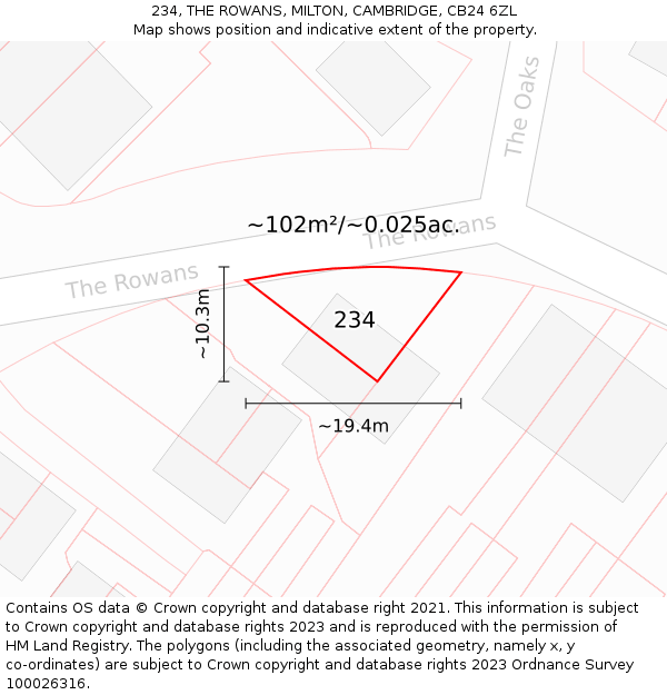 234, THE ROWANS, MILTON, CAMBRIDGE, CB24 6ZL: Plot and title map