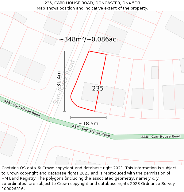 235, CARR HOUSE ROAD, DONCASTER, DN4 5DR: Plot and title map