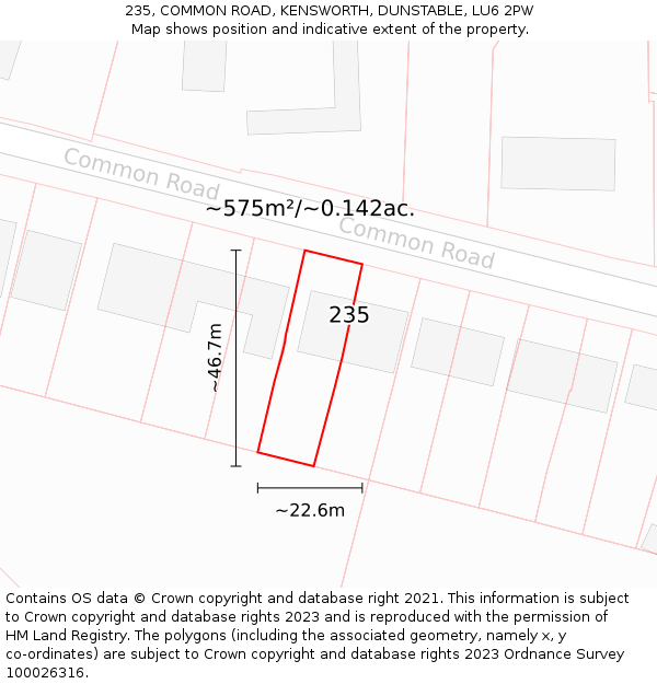 235, COMMON ROAD, KENSWORTH, DUNSTABLE, LU6 2PW: Plot and title map