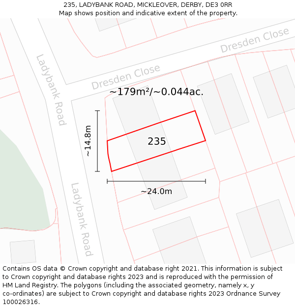 235, LADYBANK ROAD, MICKLEOVER, DERBY, DE3 0RR: Plot and title map