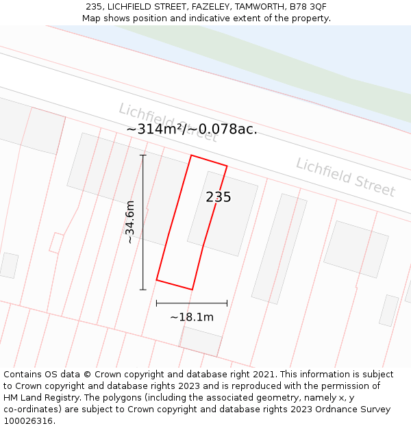 235, LICHFIELD STREET, FAZELEY, TAMWORTH, B78 3QF: Plot and title map