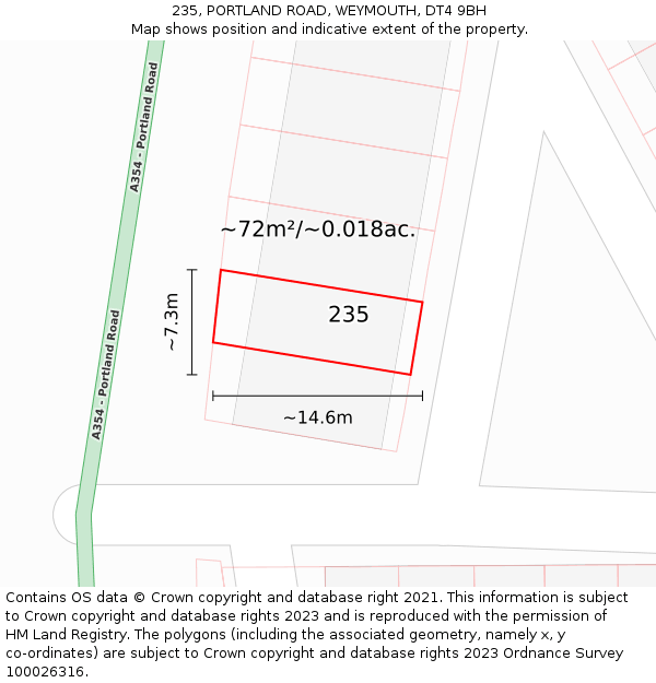 235, PORTLAND ROAD, WEYMOUTH, DT4 9BH: Plot and title map