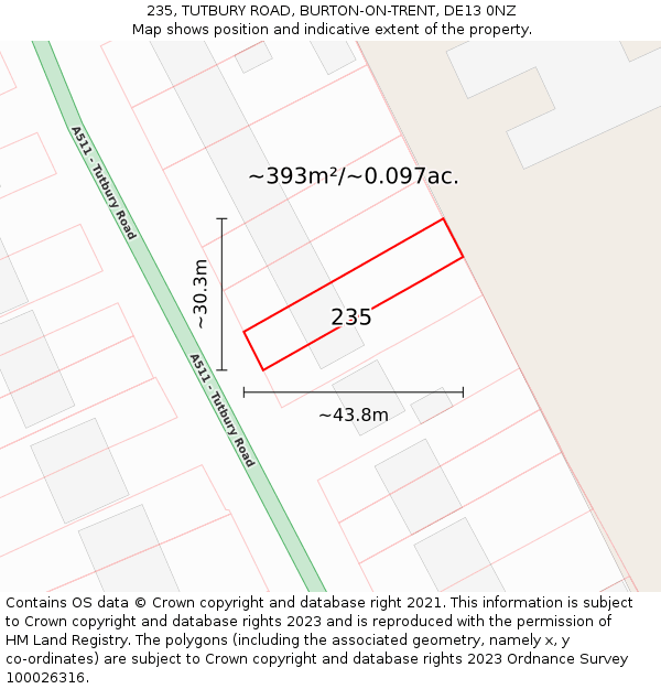 235, TUTBURY ROAD, BURTON-ON-TRENT, DE13 0NZ: Plot and title map